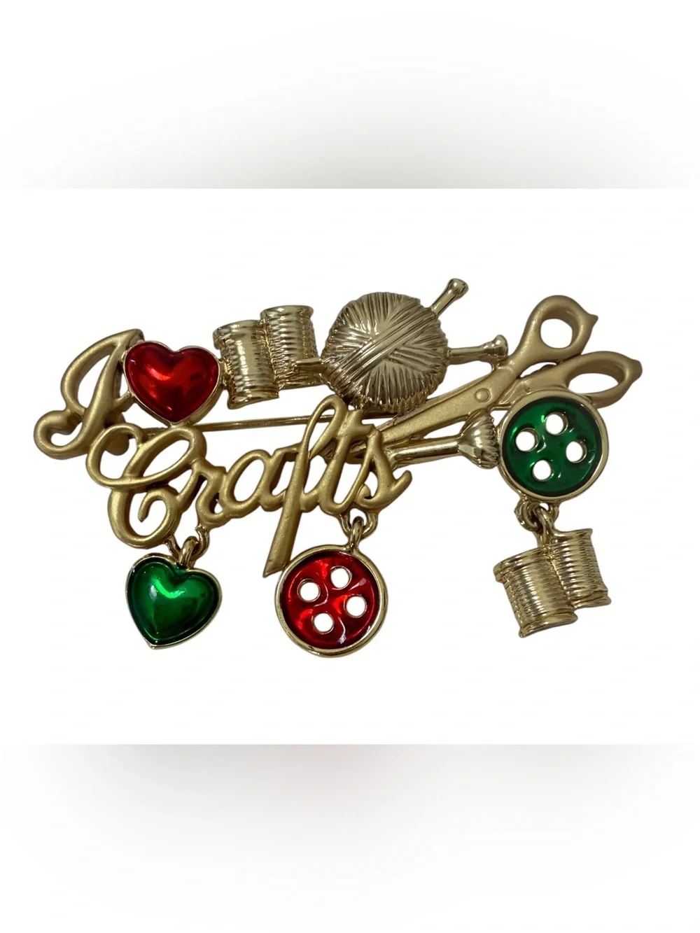 I Love Crafts Enamel and Gold-Tone  Brooch - Red & Green & Gold